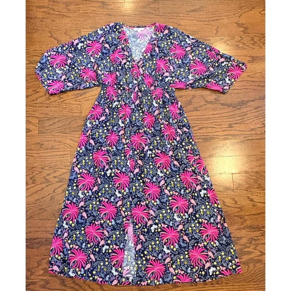 Boden Betsy Midi Dress Navy Pink Flamingo Tropical Floral Butterfly Pockets Sz 8